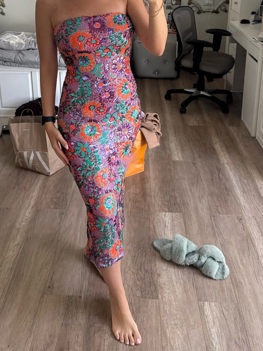 Ramy Brook Strapless Floral Sequin Midi Dress in Pink, Orange & Green